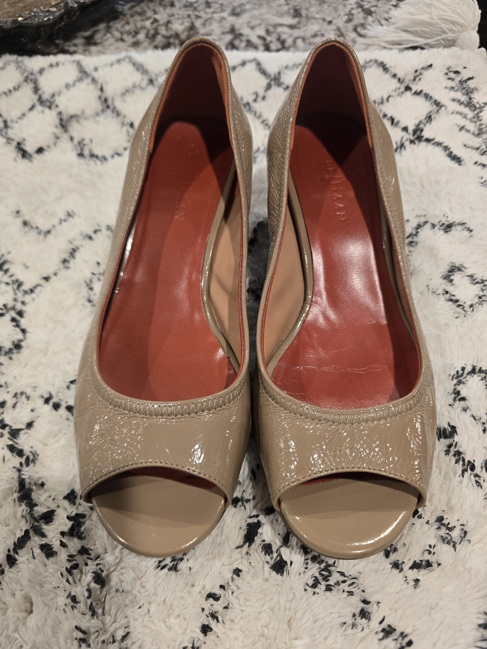 Cole Haan Beige Patent Leather Peep-Toe Wedges